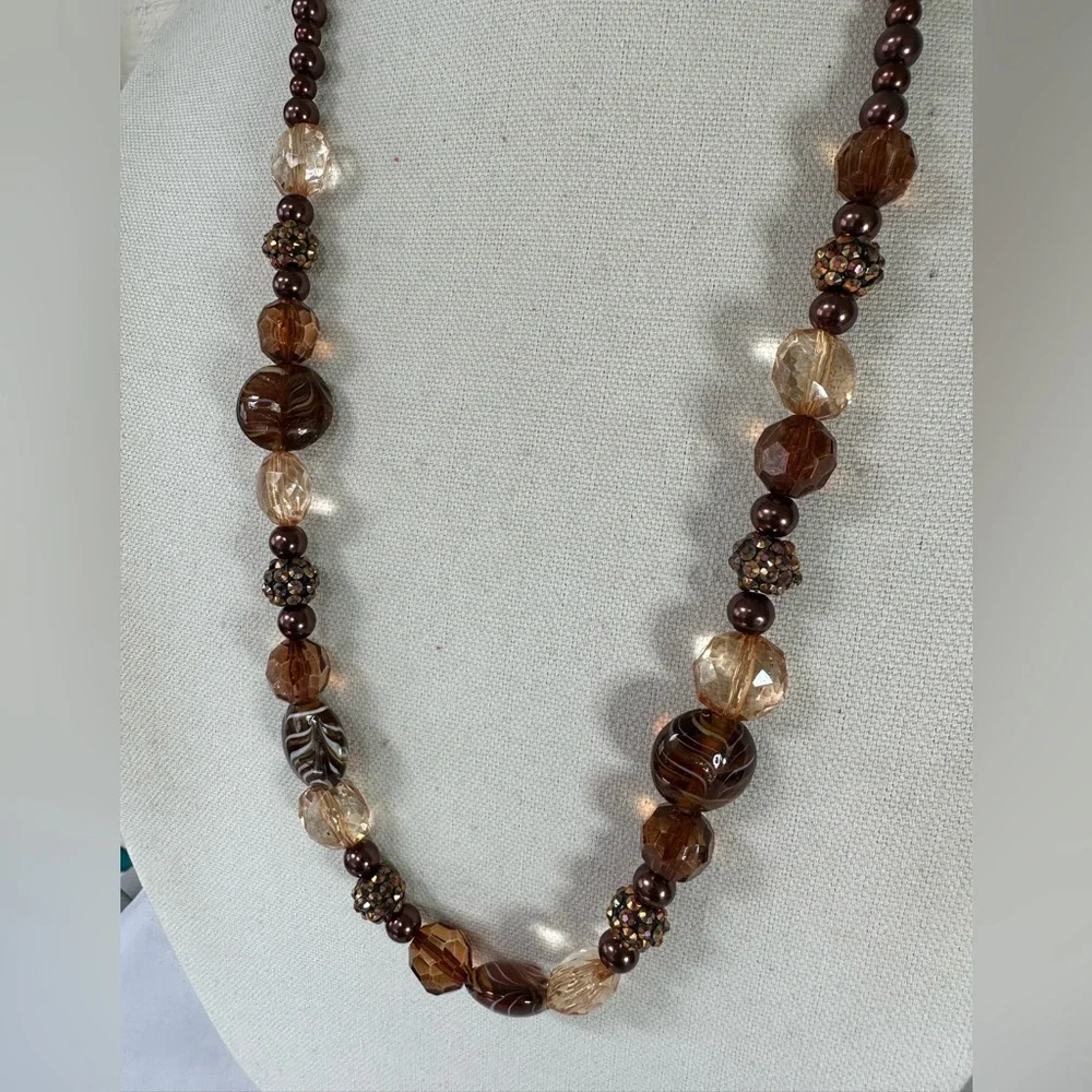 Long neutral brown tone glass bead sparkly necklace